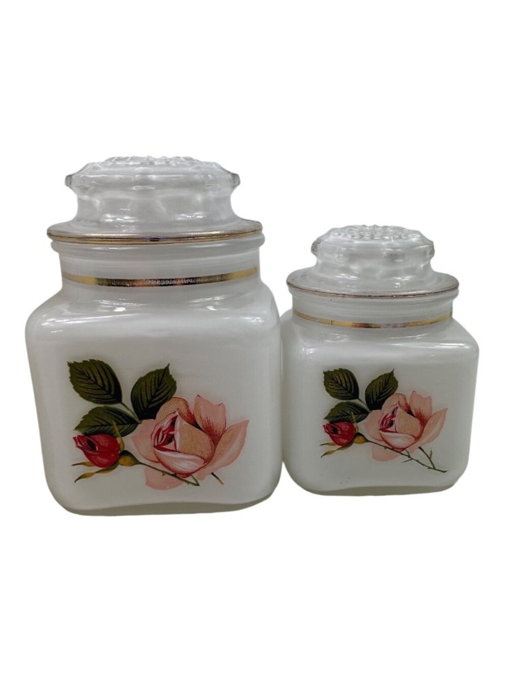 White Frosted Glass Jars With Gold Trim And Floral Rose Design Set Of 3 With Lid - Picture 3 of 15
